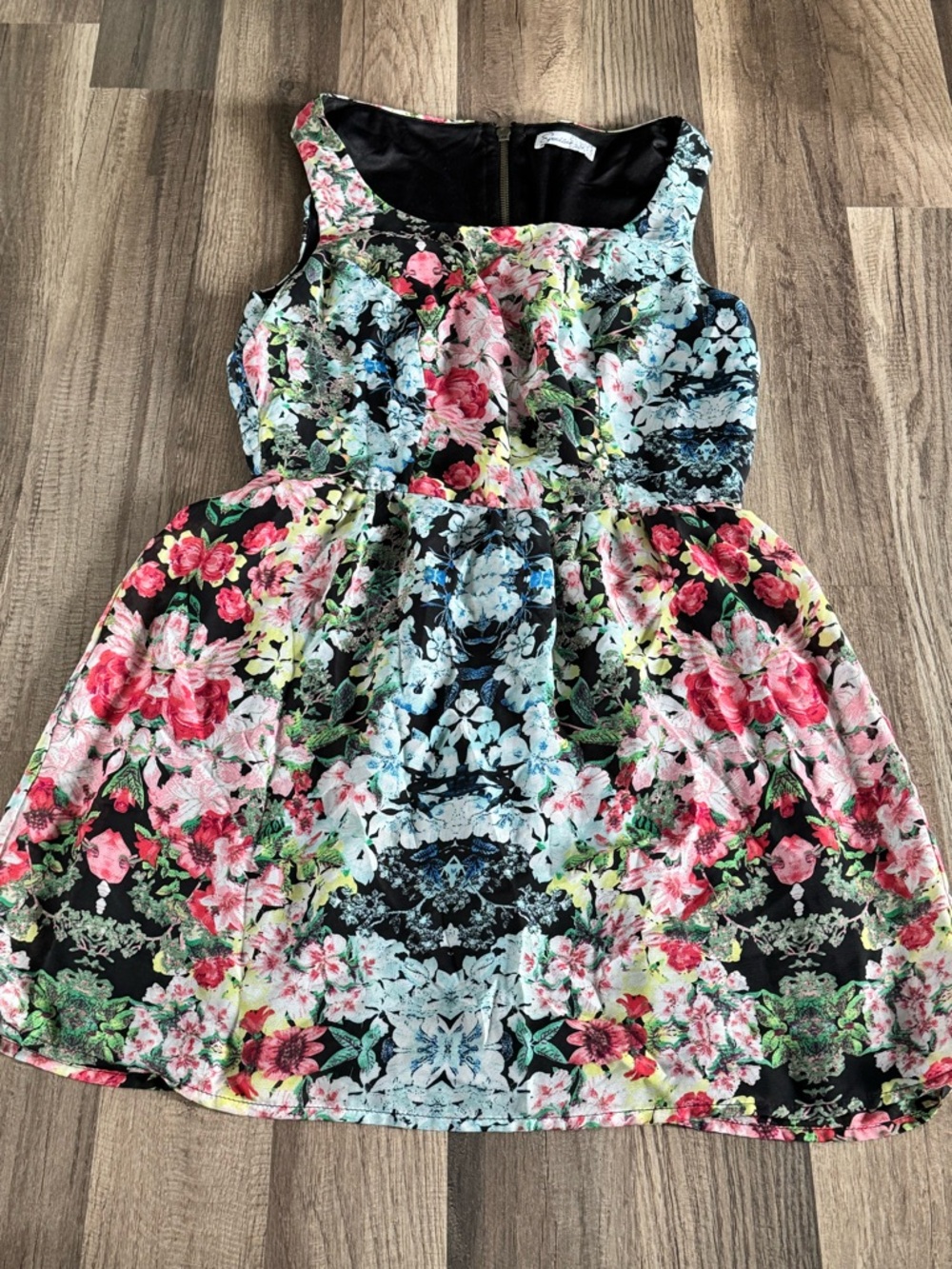 Speechless Floral Fit-and-Flare Mini Dress in Black with Pink & Blue Flowers